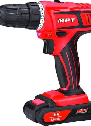 Дриль-шурупокрут mpt акумуляторний 16v li-ion 1.5 а·год 2 швидкості 0-400/1450 об/хв 10 мм 2 акб кейс mcdt1626.b2