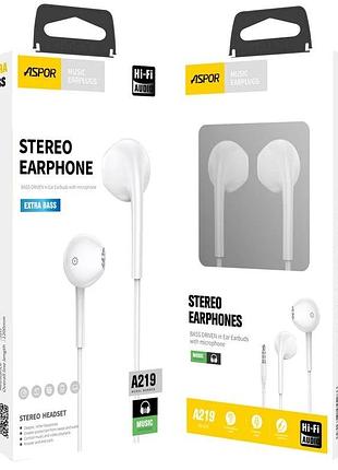 Навушники з мікрофоном aspor a219 stereo earphone (3.5мм)- білий