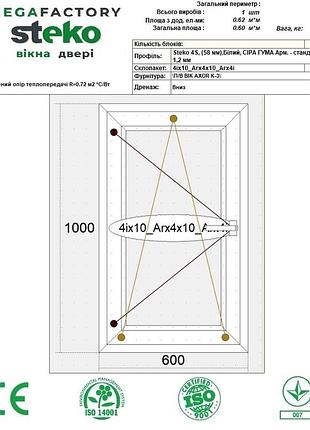 Вікно steko 600 -1000 мм 3-скла+аргон, ліве