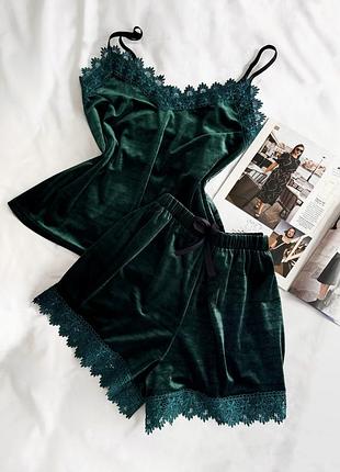Женский велюровый комплект майка та шорты helen collection l-xl изумруд