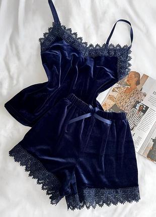 Женский велюровый комплект майка та шорты helen collection s-m темно синий