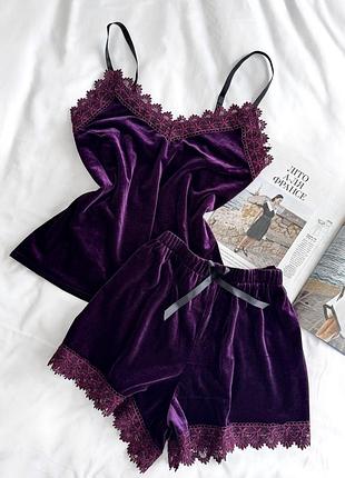 Женский велюровый комплект майка та шорты helen collection s-m фиолетовый
