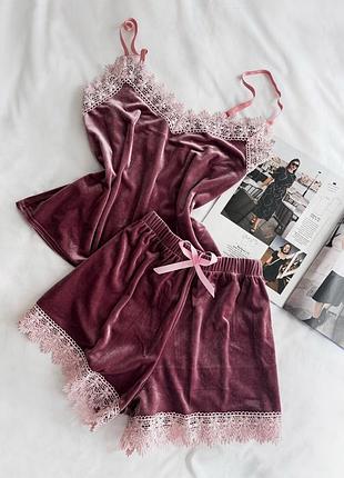 Женский велюровый комплект майка та шорты helen collection s-m розовый