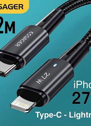 Кабель 2м essager type-c - lightning 27w pd быстрая зарядка смартфонов планшетов apple iphone power delivery 3