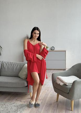Комплект жіночий шовковий халат і нічна сорочка червоний xs/s