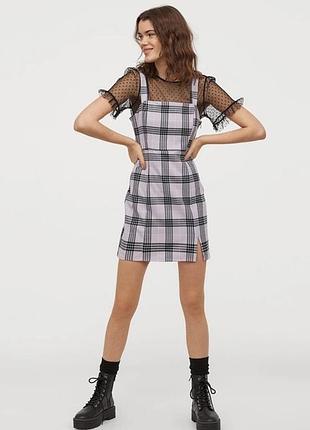 ❤️1+1=3❤️ h&m бузковий сарафан в клітинку, ліловий сарафан на широких брителях, коротка фіолетова сукня, розмір xs/s