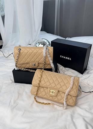 Женская сумка премиум classic flap 25 beige caviar silver/gold hardware