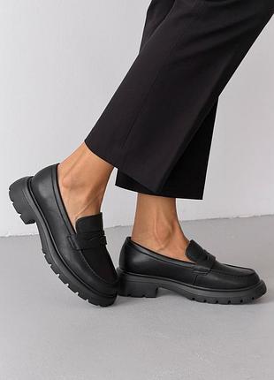 Premium! женские кожаные черные лоферы на каблуке осенние туфли натуральная кожа весна осень
