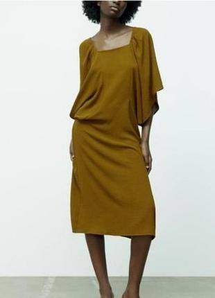 Тонкое оливковое платье миди с широким рукавом zara #4760