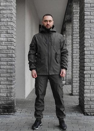 Чоловічий костюм з матеріалу softshell хакі, водостійкий костюм софтшел осінній 4xl