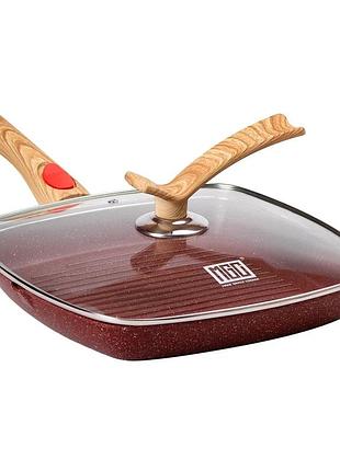 Алюмінієва сковорода-гриль 28 см зі скляною кришкою square red mgc hp-4-462r