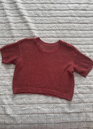 Ажурний літній топ-футболка ручної роботи в сітку, теракотовий, one size (s-m)