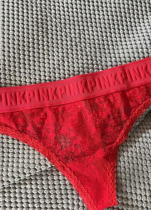 Коралові мереживні трусики-стрінги victoria's secret pink із широкою еластичною резинкою