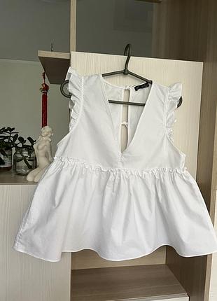 Хлопкова блуза топ в стилі baby doll з v вирізом та гарною спинкою zara / топ блуза з баскою та рюшами з бавовни zara m
