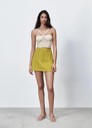 Юбка zara m, l, xl лен, льняная, вискоза, из натуральной ткани, мини юбка с высокой посадкой, летняя короткая горчичная жёлтая лимонная яркая спідниця