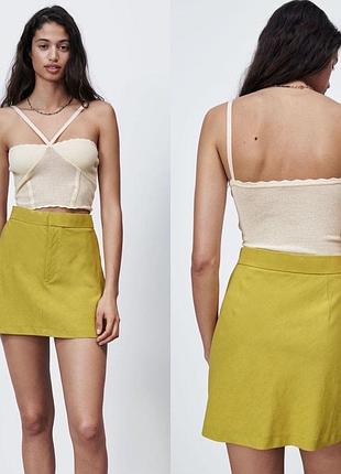 Юбка zara m, l, xl лен, льняная, вискоза, из натуральной ткани, мини юбка с высокой посадкой, летняя короткая горчичная жёлтая лимонная яркая спідниця