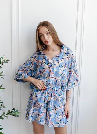 Летний женский костюм двойка: рубашка oversize + шорты свободного кроя