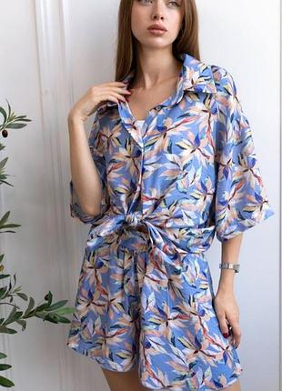 Літній жіночий костюм двійка : сорочка oversize + шорти вільного крою