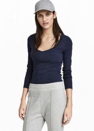 Лонгслив базовый темно синий с v-образным вырезом