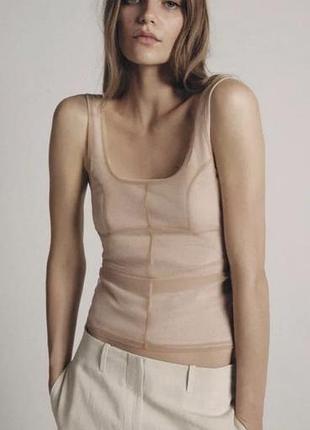 Zara нюдовий тюлевий топ зі швами 🤎