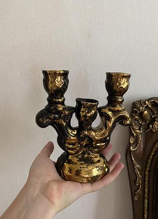 Вінтажний трираменний підсвічник (металевий/керамічний) з патиною / виплавлений у вогні