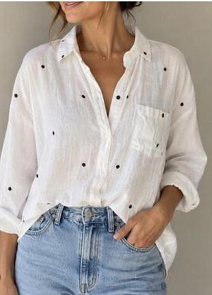 Молочка, блуза zara , льон, в трендовий горошок(горошок вишитий)