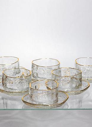 Набір піал з блюдцями скляні gold rimmed 250 мл із золотою окантовкою yiwu hp-34-92
