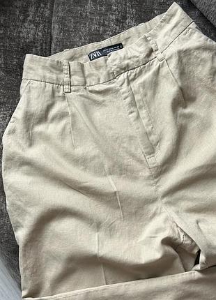 Прямі брюки з льоном zara пісочного кольору (розмір xs)