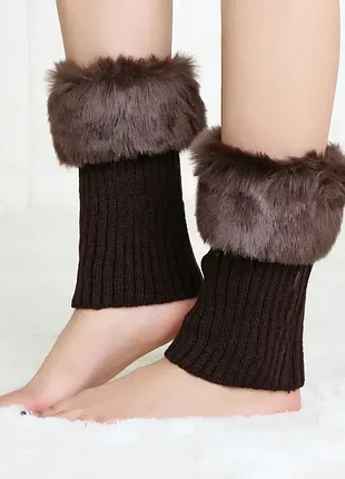 Гетры с меховой манжетой под сапоги коричневые длина 20 см one size 5813 вязаные в рубчик утепления и украшение демисезон зима