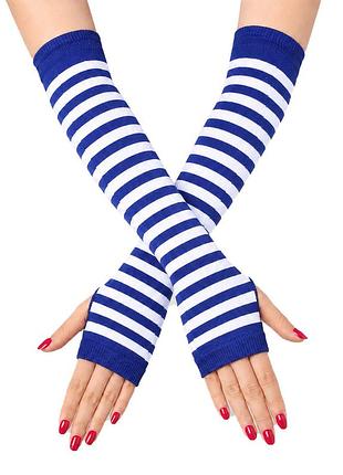 Митенки по локоть хлопковые в узкую полоску бело-синие one size 6476 с отверстием для большого пальца трикотажные нарукавники для девочек
