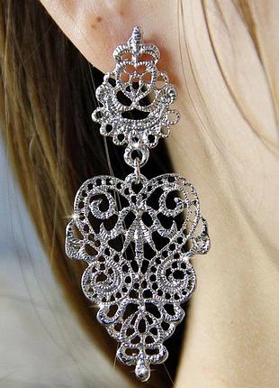 Серьги ажурные серебристые винтажные вечерние
