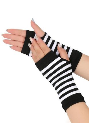 Митенки короткие без пальцев полосатые черно-белые one size 6251 длина 17 см хлопковые с отверстием для большого пальца мытенки в полоску