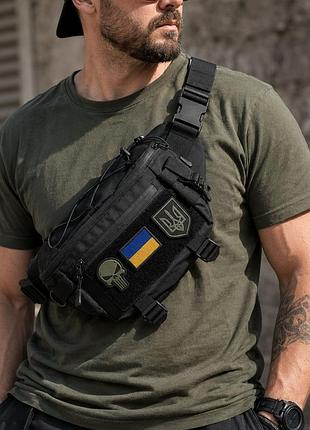 Бананка тактична через плече чорна з cordura 1000d, поясна чоловіча сумка з velcro та карабіном