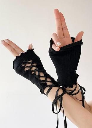 Митенки со шнуровкой лентами с рюшами черные one size 6368 нарукавники короткие хлопковые на ленточках неформал нежные летние для девочек