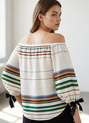 Женская блузка massimo dutti в полоску с открытыми плечами и объемными рукавами,