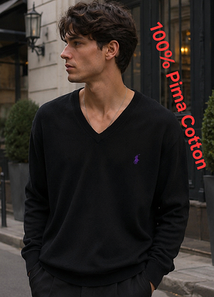Шикарный хлопковый пуловер чёрного цвета polo ralph lauren slim fit pima cotton, оригинал
