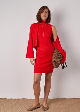 Вязаный костюм с платьем в рубчик и кардиганом без застежки - красный цвет, one size (имеют размеры)
