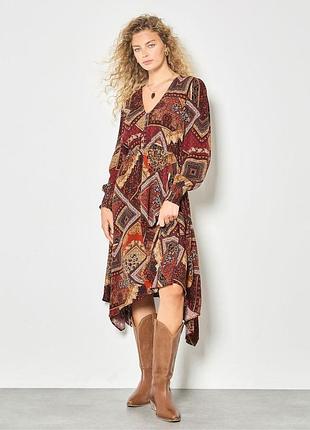 Вискозное миди платье apricot red patchwork print volume sleeve dress