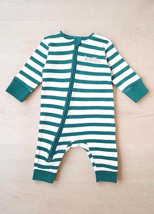 Человечек next baby на малыша 3-6 месяцев, размер 68, молочный в зеленую полоску, двухсторонняя молния, открытые ножки