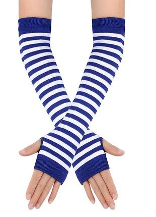 Митенки для девочек и женщин хлопковые в узкую полоску бело-синие one size 6476 мотенки трикотажные полосатые нарукавники до локтя морячки