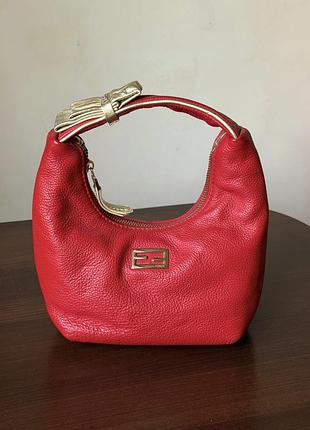 Сумка fendi вінтажна червона, золотий бантик, натуральна шкіра