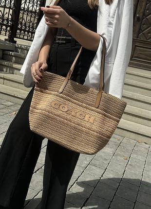 Сумка - шопер coach city tote bag leather-trimmed straw honey brown multi бежева жіноча
