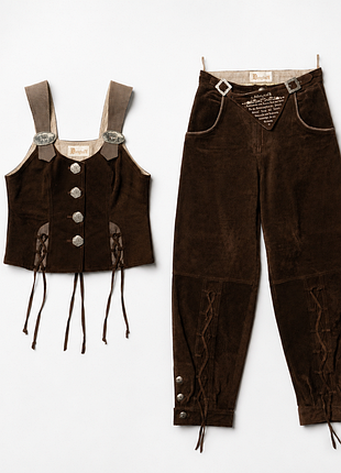 Vintage trachten long leather pants trousers and vest set brown [bwh017383]