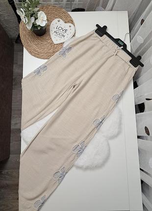 Бежевые широкие хлопково-льняные брюки от zara 11-12 лет (152-158) брюки