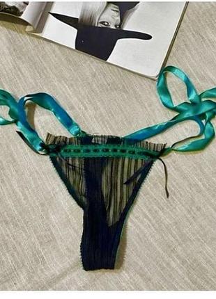 Yamamay шикарні чорно-зелені напівпрозорі трусики на гумці і із зав‘язками
