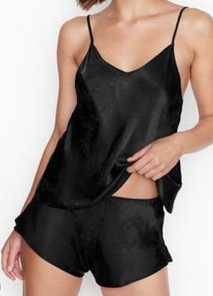 Піжама жіноча атласна сатинова чорна топ з мереживом шорти трусики ann summers sm