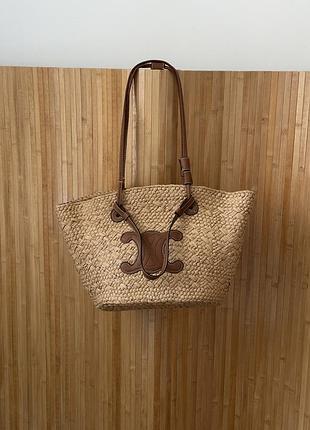 Сумка - шопер celine classic panier in raffia and calfskin бежева жіноча