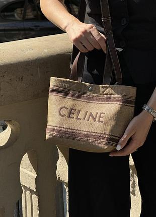 Сумка жіноча celine mini cabas in textile with raffia effect and calfskin коричнева