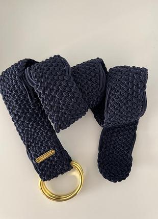 Темно-синій плетений ремінь пояс пасок з золотою пряжкою lauren ralph lauren 105-110 см
