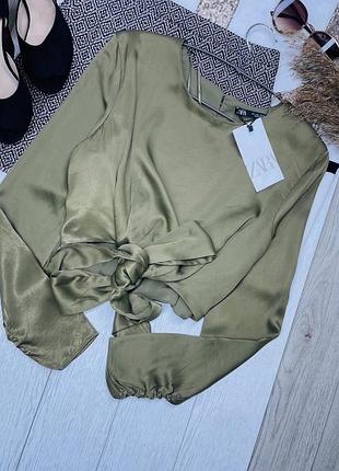 Нова літня блуза zara l сатинова блузка коротка блуза з зав’язкою хакі блуза зара